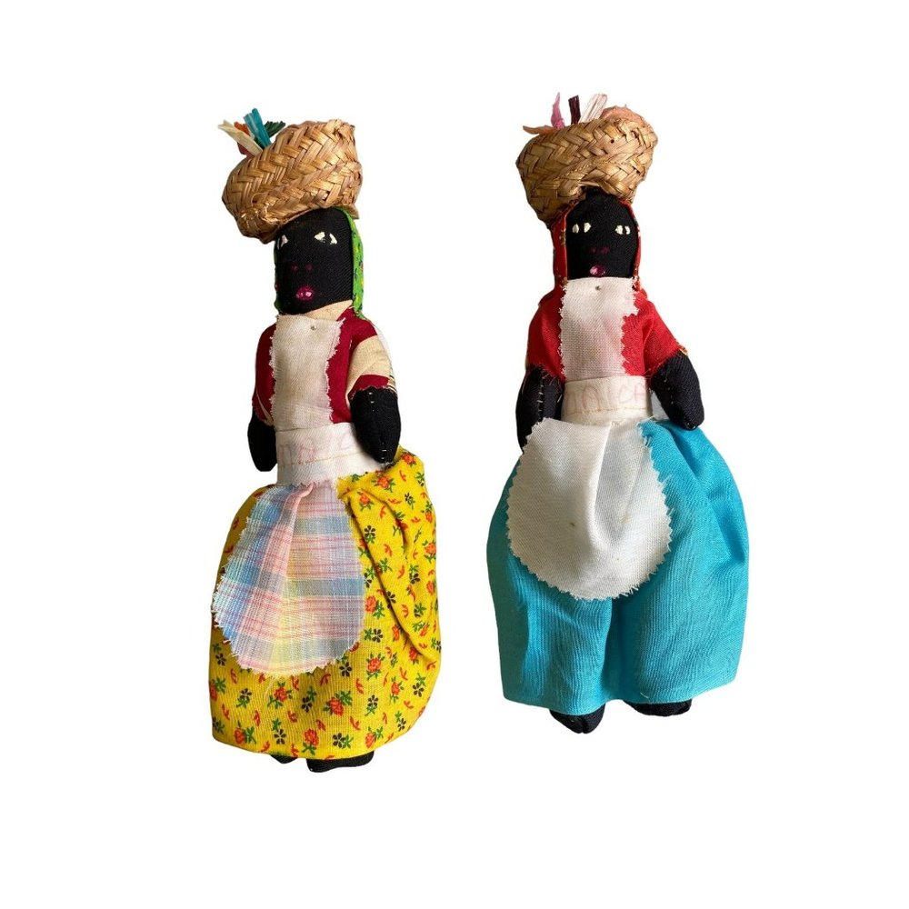 Vintage Jamaican Folk Art Rag dolls Lot of 2 9" Cloth doll